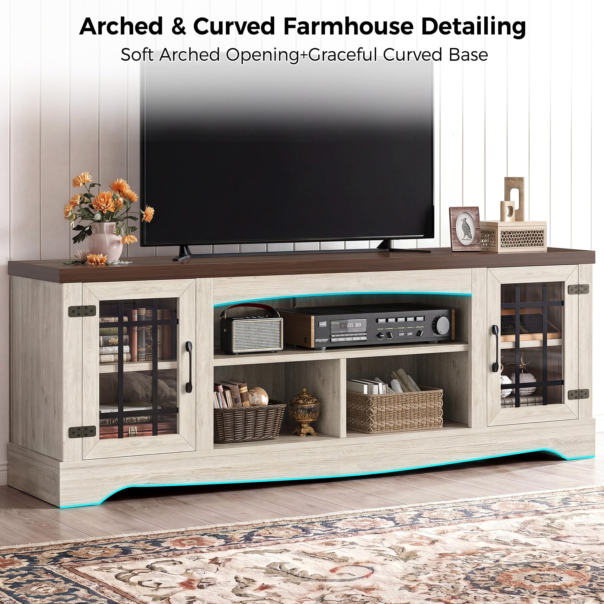 IRONCK Farmhouse TV Stand for 75 Inch TV, Rustic Entertainment Center with Storage Cabinets & Open Shelves, Grid Glass Doors, Media Console for Living Room, Bedroom(Light Oak & Walnut)