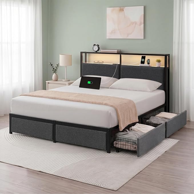 Queen Upholstered Storage Bed with LED Lights