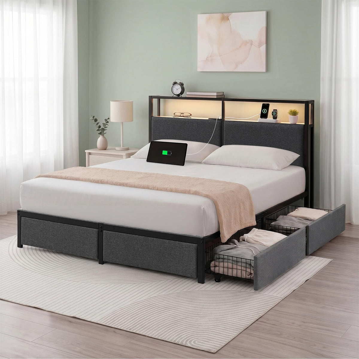 Queen Upholstered Storage Bed with LED Lights