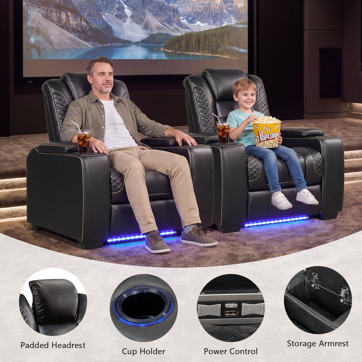 EBELLO Power Home Theater Seating, Electric Gaming Recliner Chair with Adjustable Headrest, Faux Leather Movie Reclining Chairs with Cup Holders LED Lights,USB Port,Hidden Arm Storage, Black