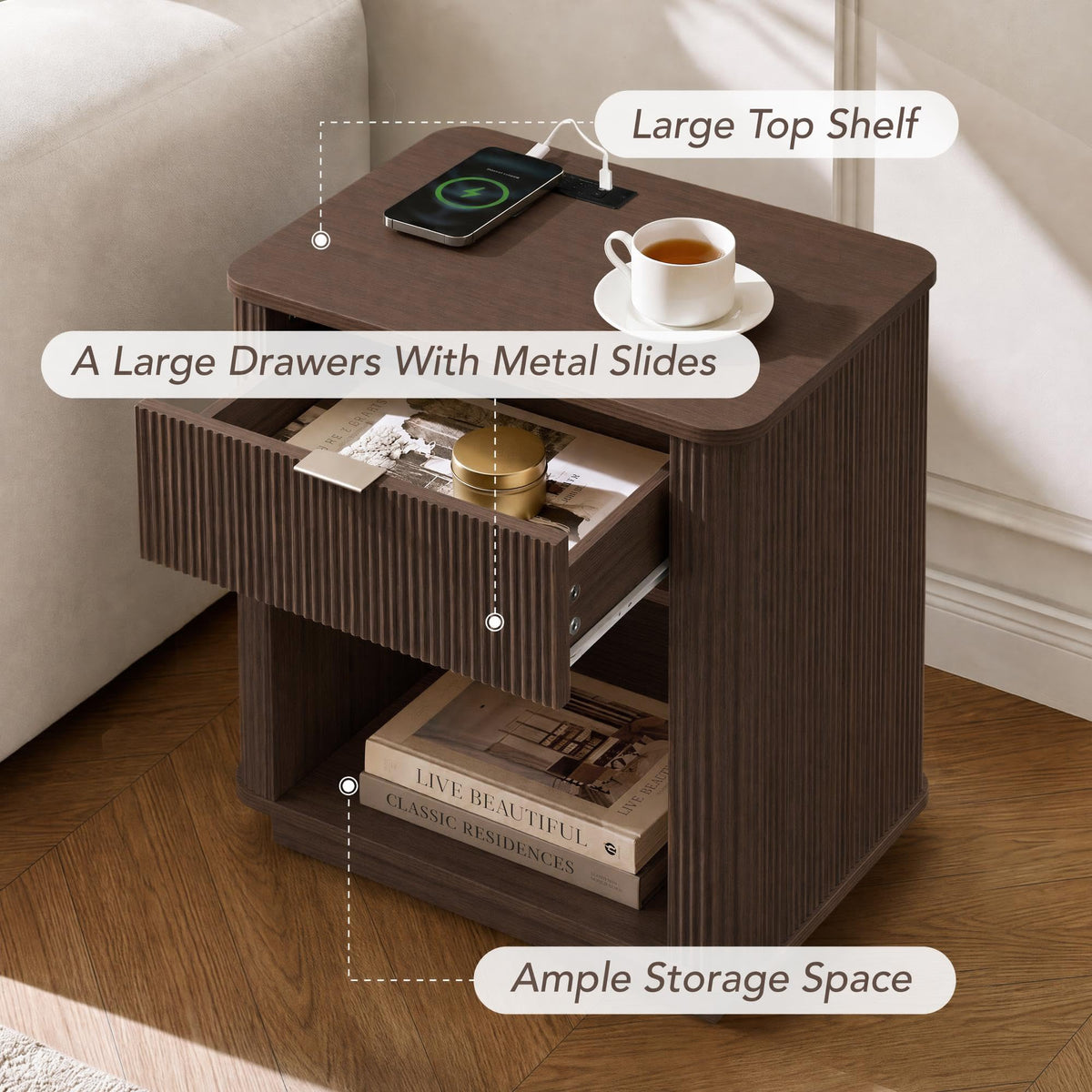 KISLOT 23'' Fluted Nightstand Set of 2 w/Charging Station,Drawers,Walnut