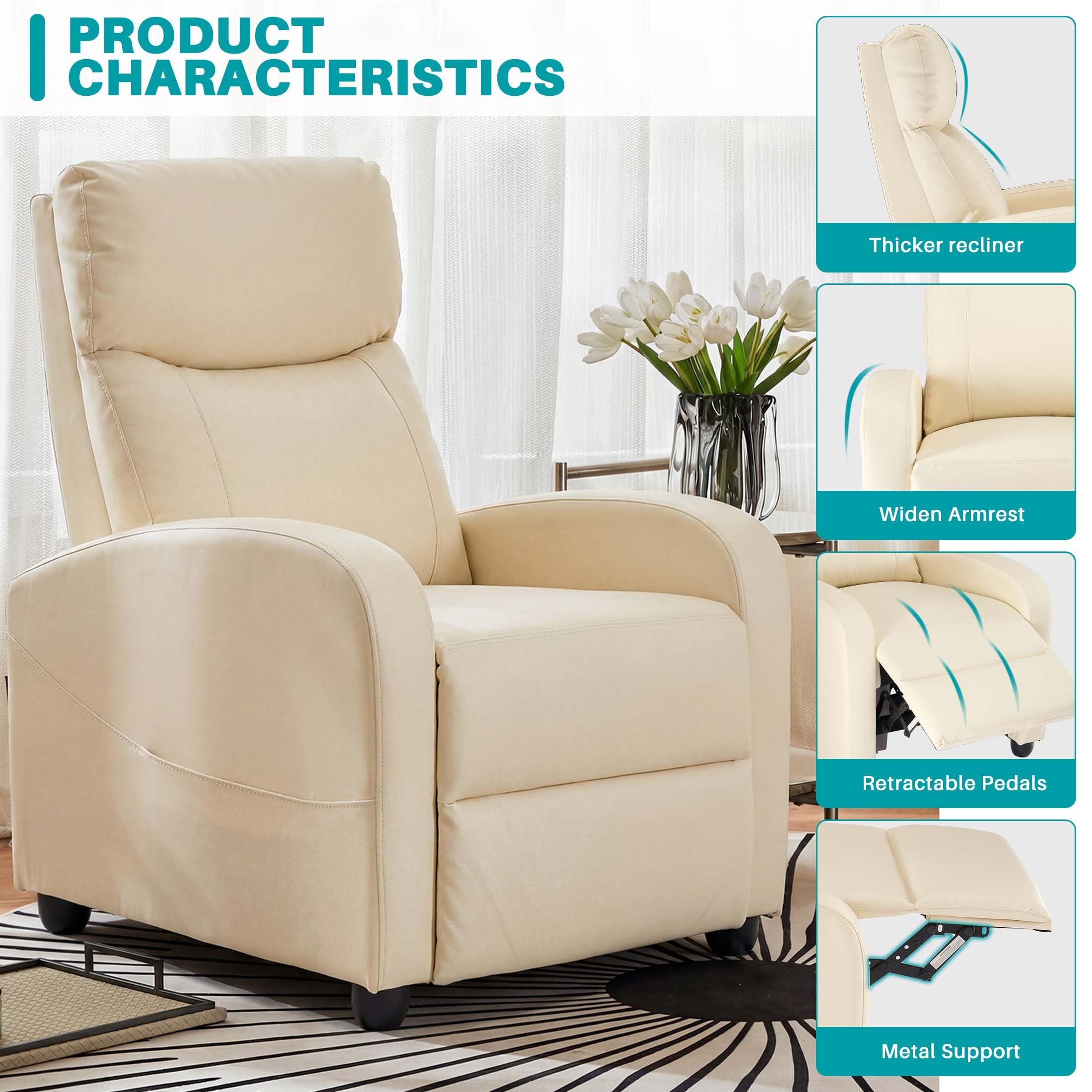 Sweetcrispy Recliner Chair Fabric Recliner Sofa No Massage, Home Theater Seating with Lumbar Support, Adjustable Push Back Overstuffed High-Density Sponge Reclining for Living Room, Beige