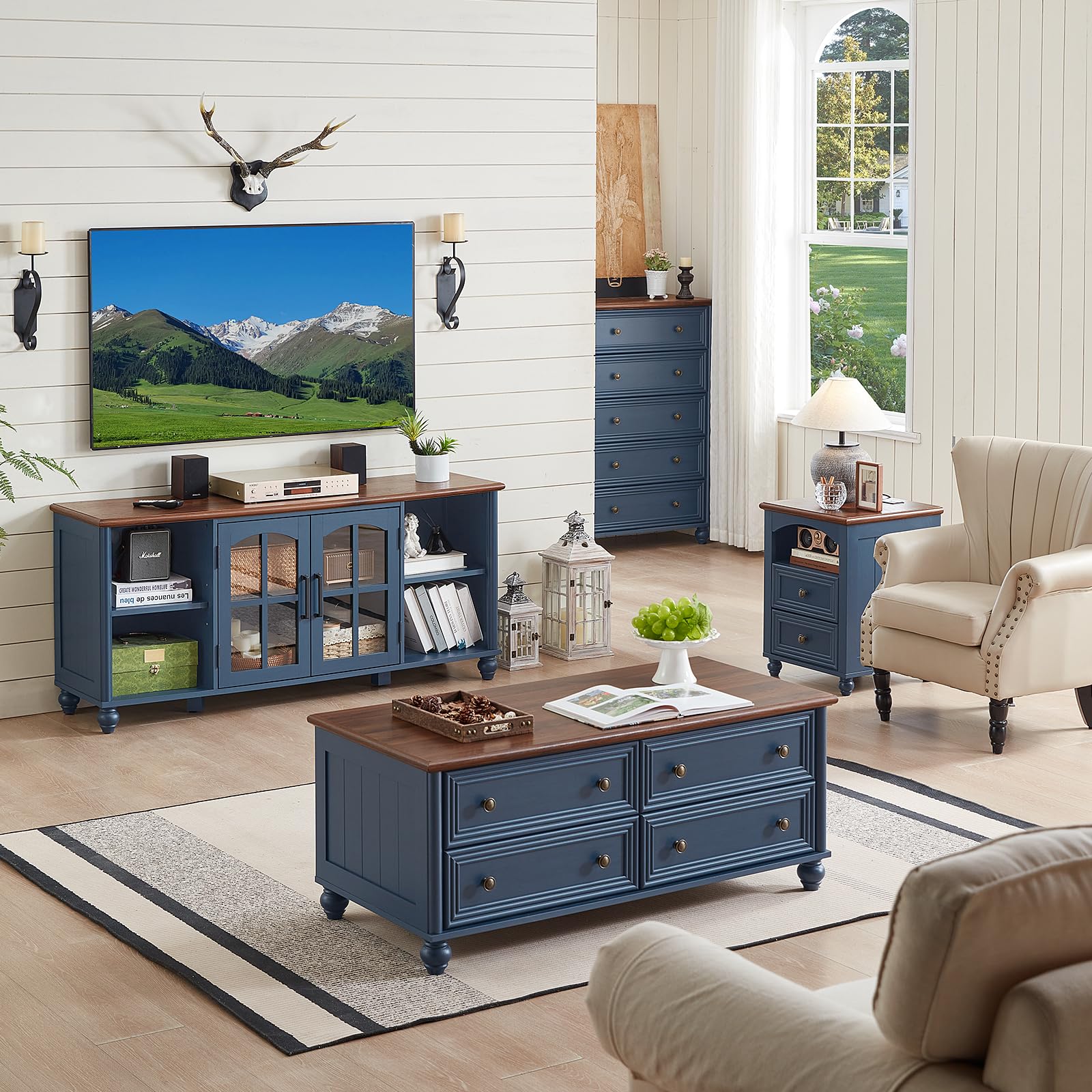 RWYHG Farmhouse TV Stand for 60 Inch TV, Wood Entertainment Center with Adjustable Shelves & Glass Door Storage Cabinet,Television Stands for 65" TVS,TV Console Table for Living Room,Bedroom,Navy Blue