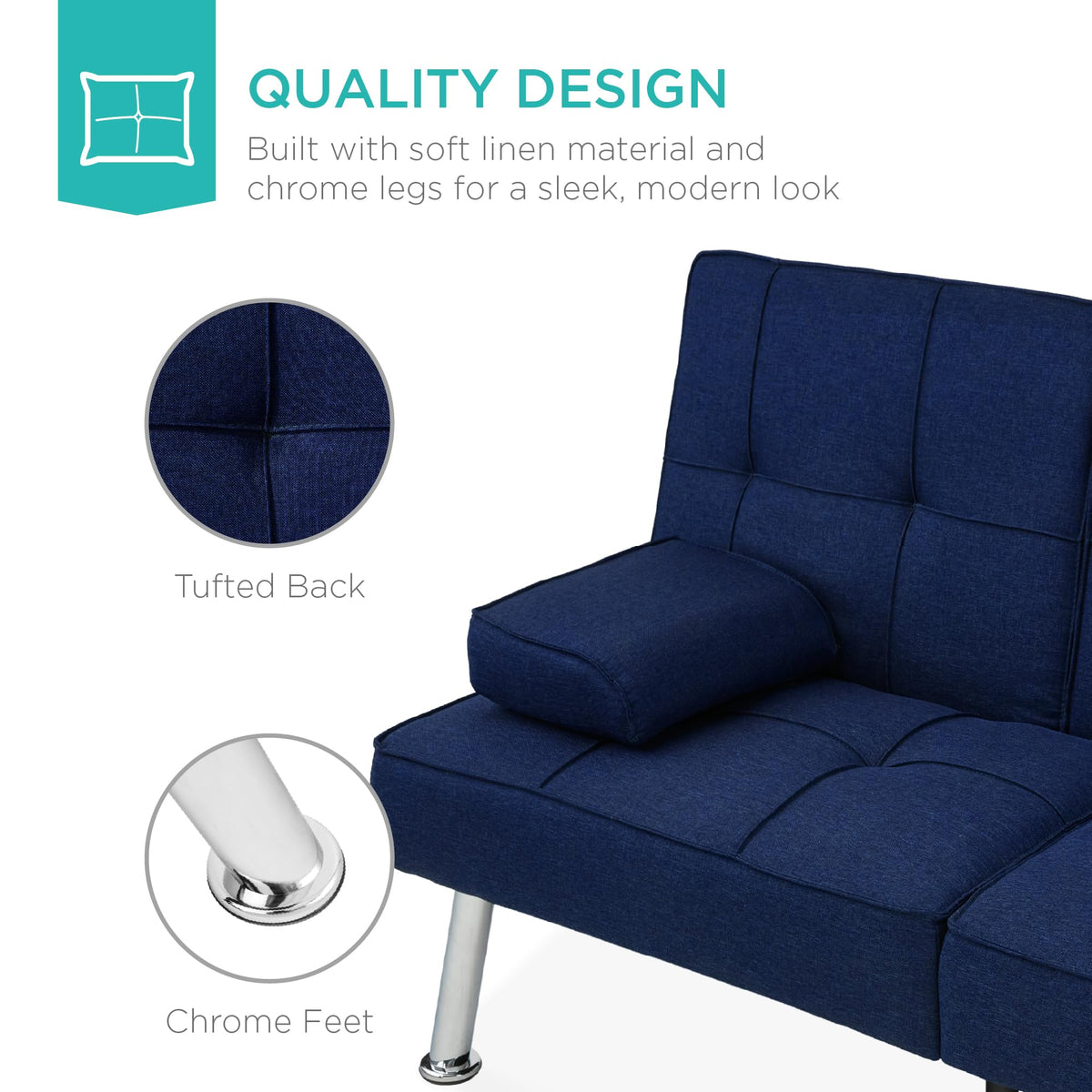 Best Choice Products Linen Modern Folding Futon, Reclining Sofa Bed for Apartment, Dorm w/Removable Armrests, 2 Cupholders - Dark Blue
