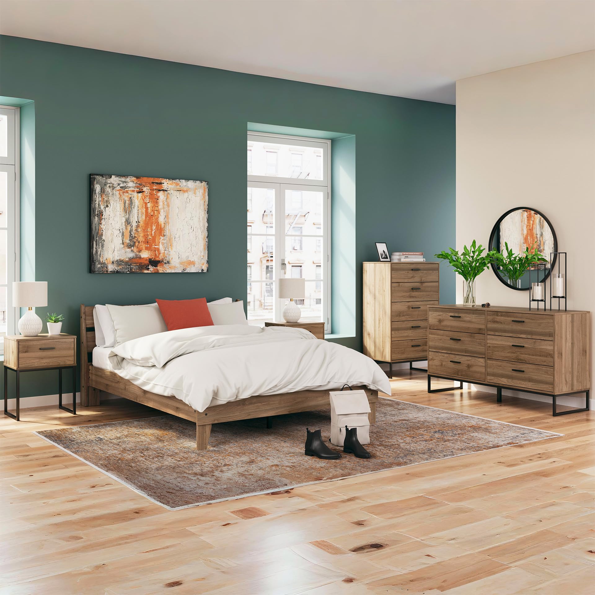 Signature Design by Ashley Deanlow Mid-Century Modern Chest of Drawers with Dark Pewter-Tone Legs and Handles, 5 Storage Drawers, Wood, 50.67" High, Brown