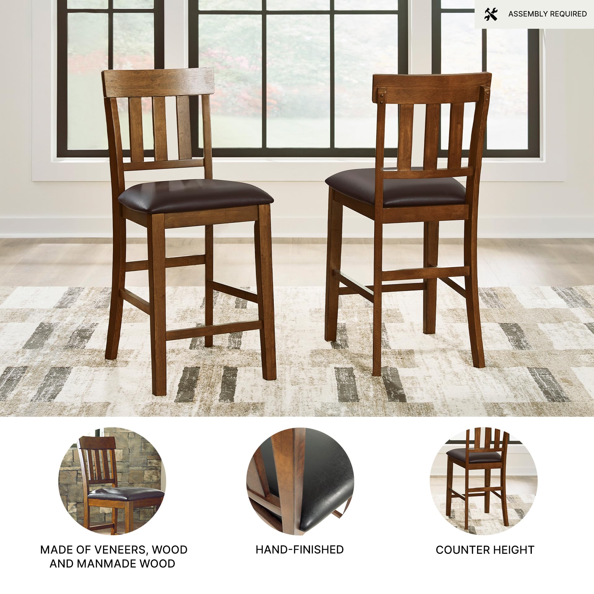 Signature Design by Ashley Ralene Traditional 26" Counter Height Faux Leather Seat Barstool, 2 Count, Brown