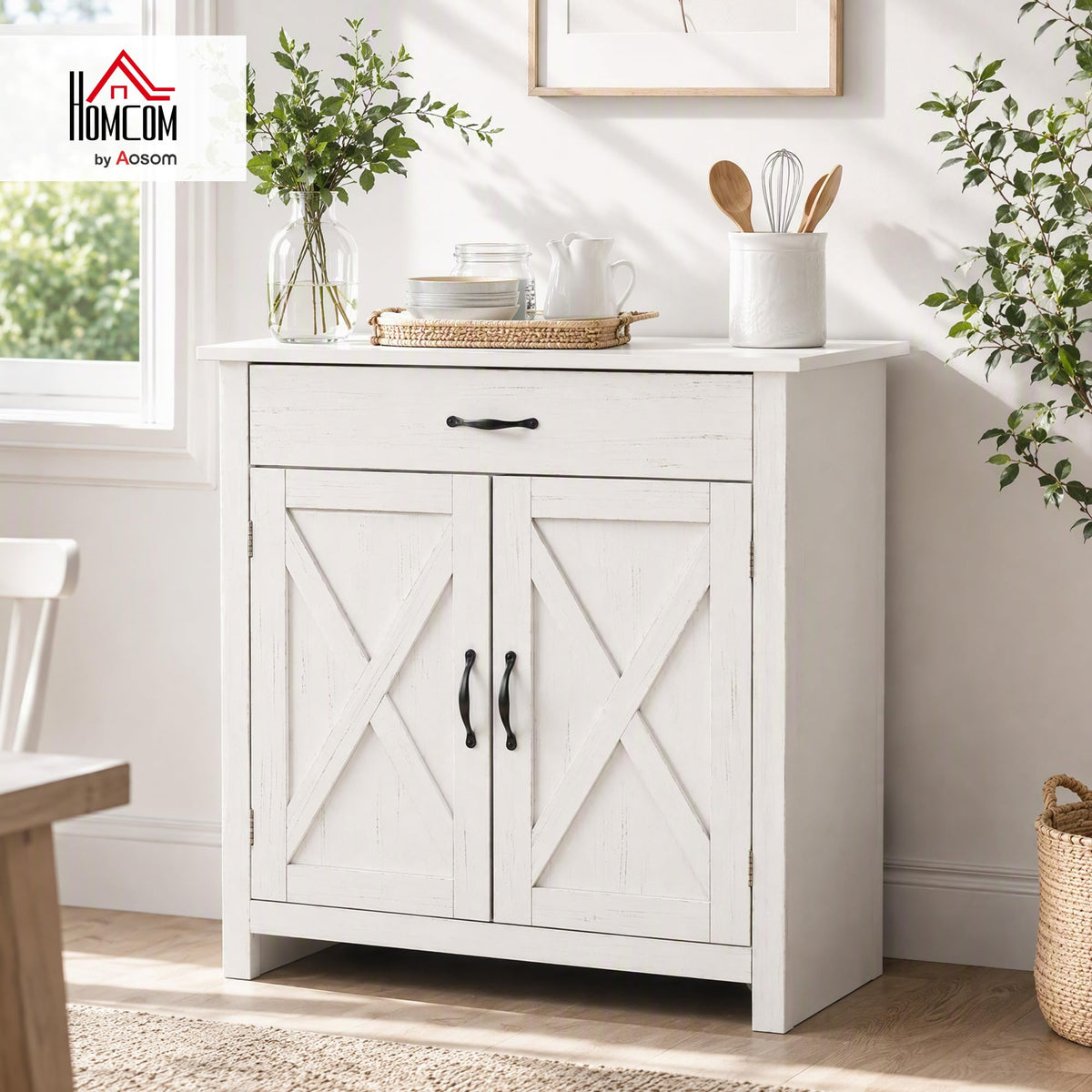 HOMCOM Farmhouse Sideboard Buffet Cabinet Barn Door White Wash