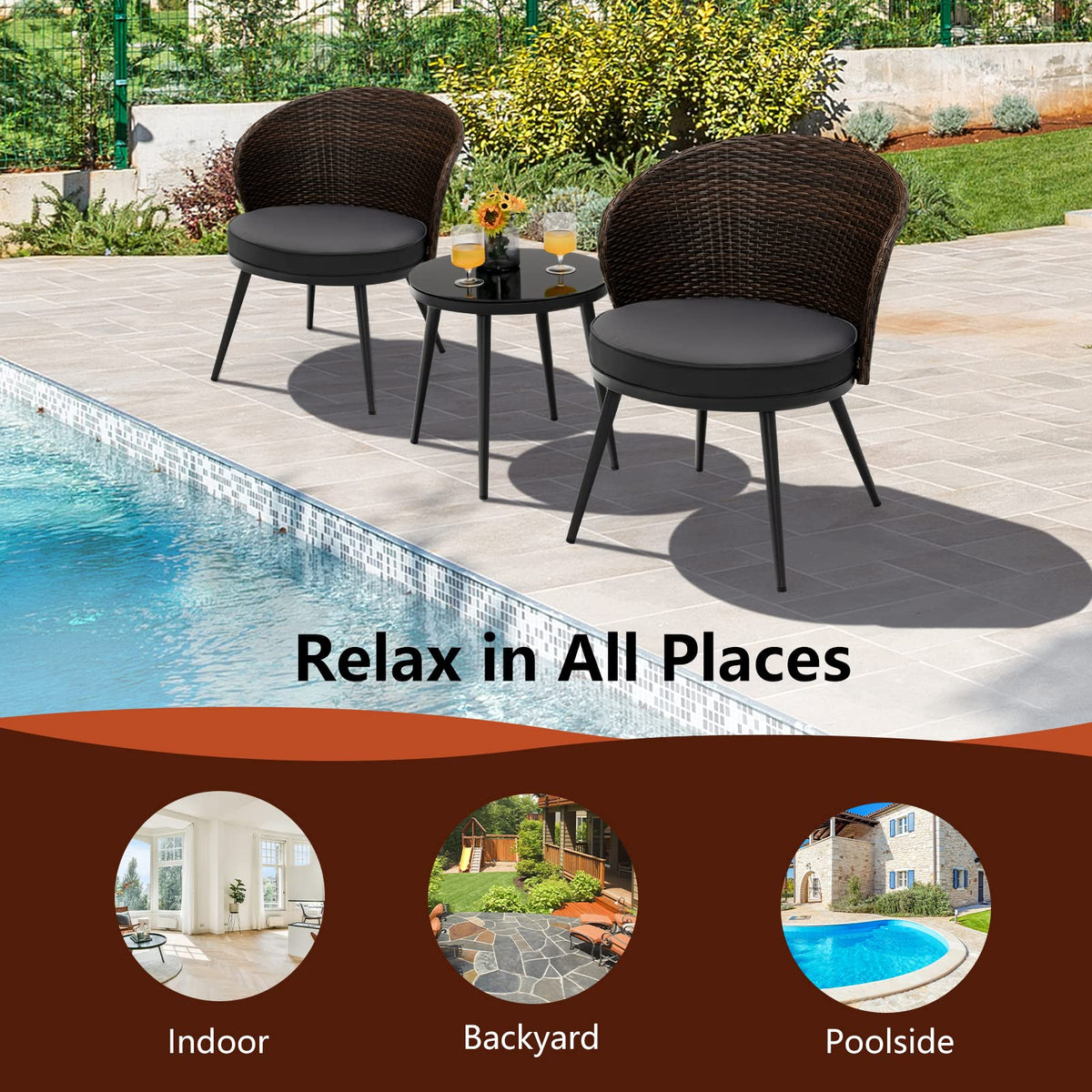 Tangkula 3 Piece Patio Rattan Bistro Set, Outdoor Wicker Conversation Set W/ 2 Seat Cushions, Tempered Glass Tabletop, Adjustable Footpads, Suitable for Indoor, Backyard, Poolside (Gray)