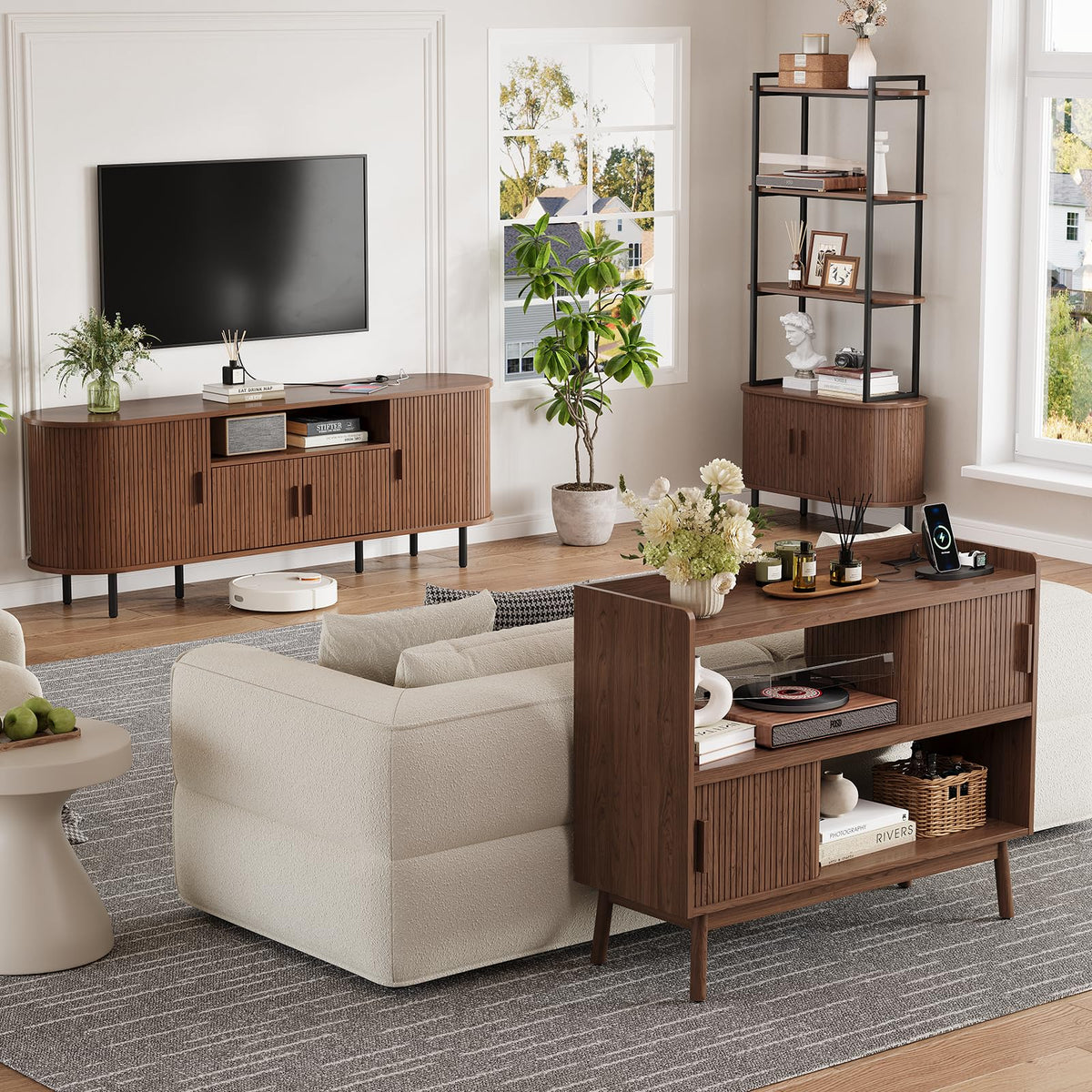 Lefurture 44" Buffet Sideboard Cabinet with Outlet Sliding Door, Walnut