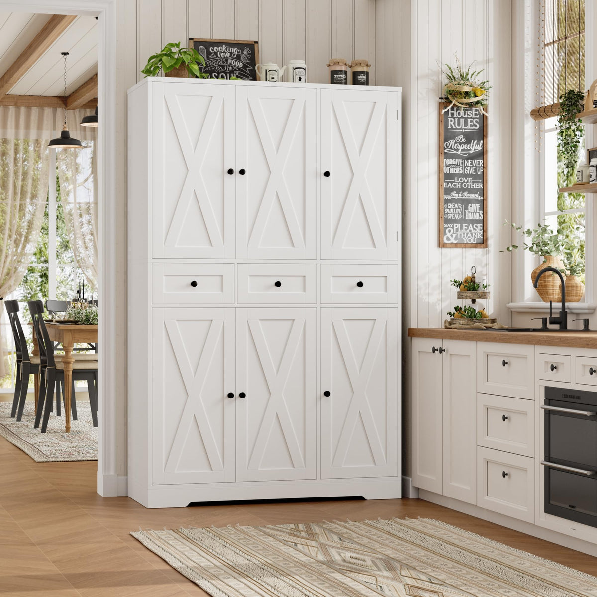 HOSTACK 67"H Farmhouse Kitchen Pantry Storage Cabinet with 3 Drawers, White
