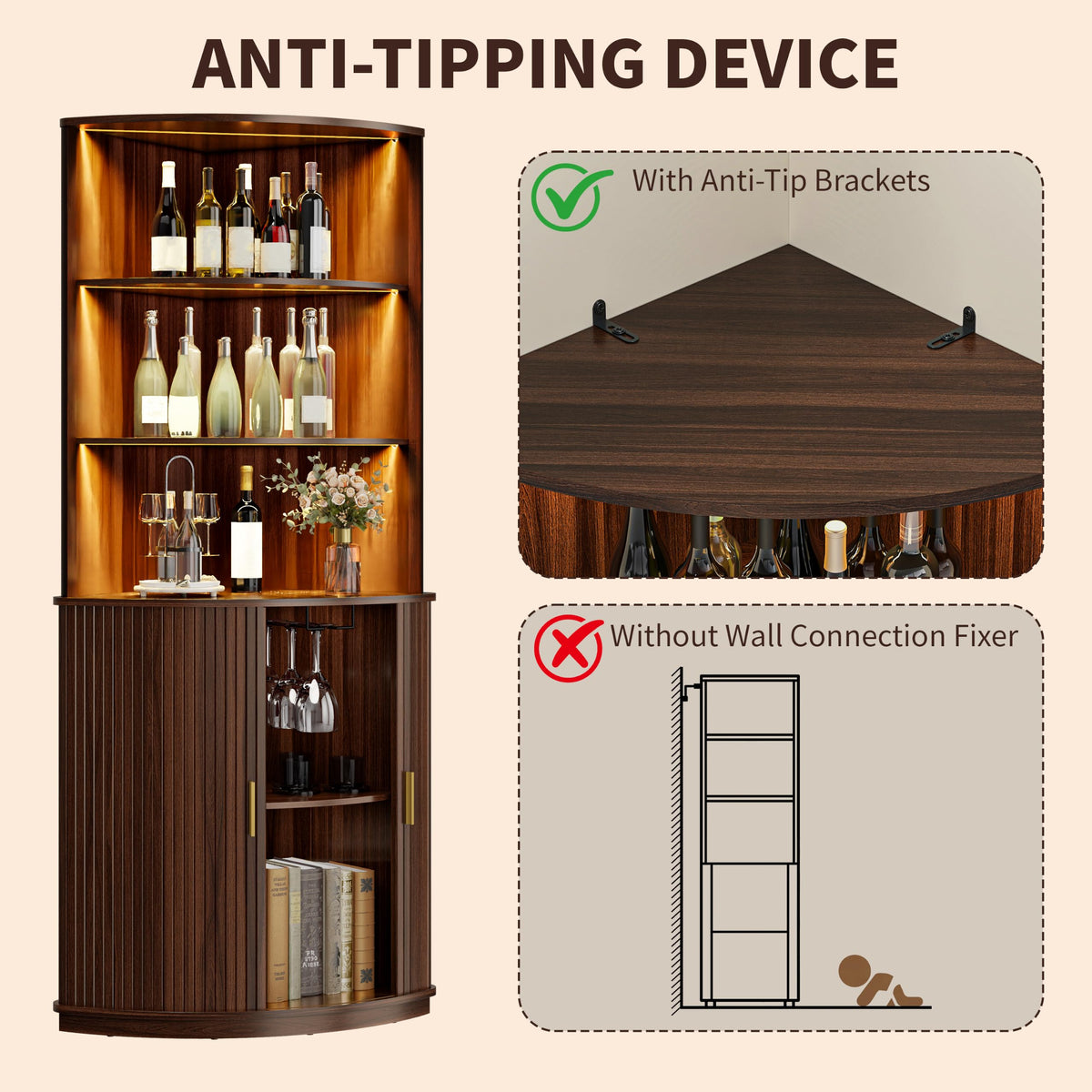 DHH 71" Tall Corner Bar Cabinet with LED Light & Wine Glass Holder(Walnut)