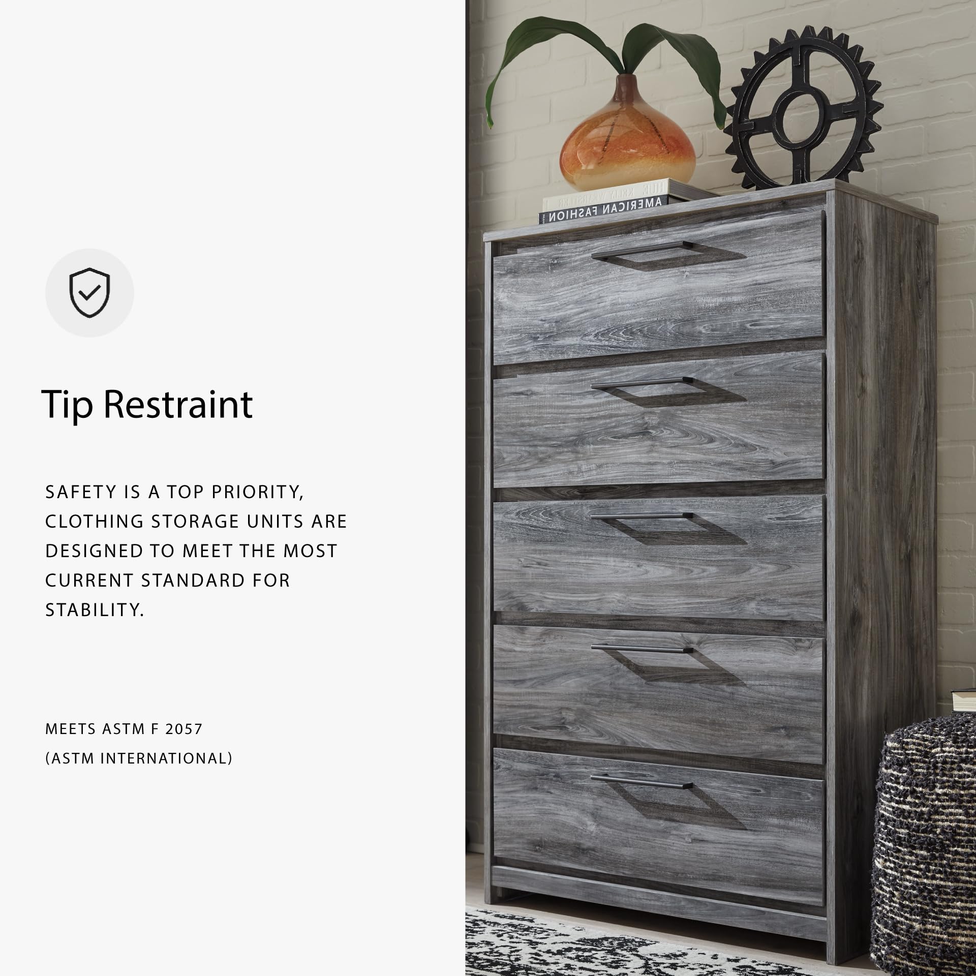 Signature Design by Ashley Baystorm Rustic 5 Drawer Chest of Drawers, Gray