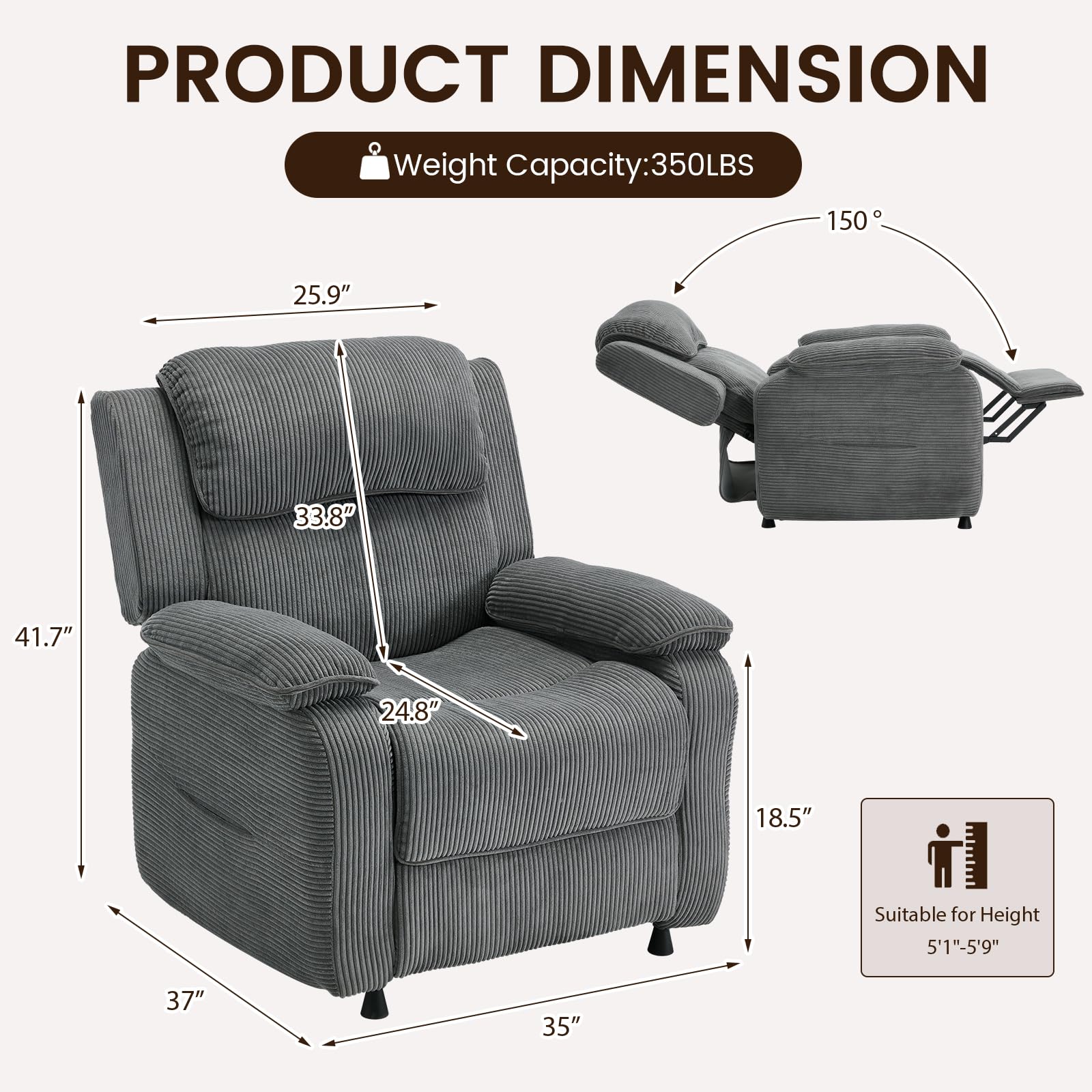 EROMMY Electric Recliner Chair, Oversized Power Recliner with USB Charging Port & Side Pockets, Heavy Duty Corduroy Reclining Sofa Chair, Wide Seat Living Room Chair for Adults, Dark Grey