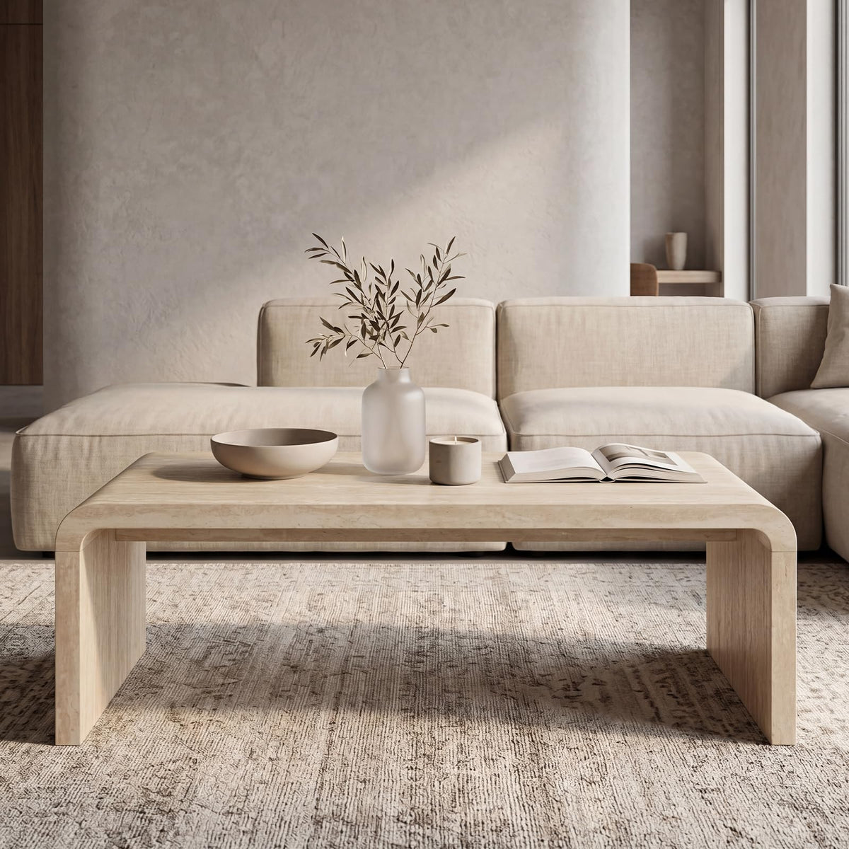 47" Travertine Look Coffee Table with Waterfall Edge