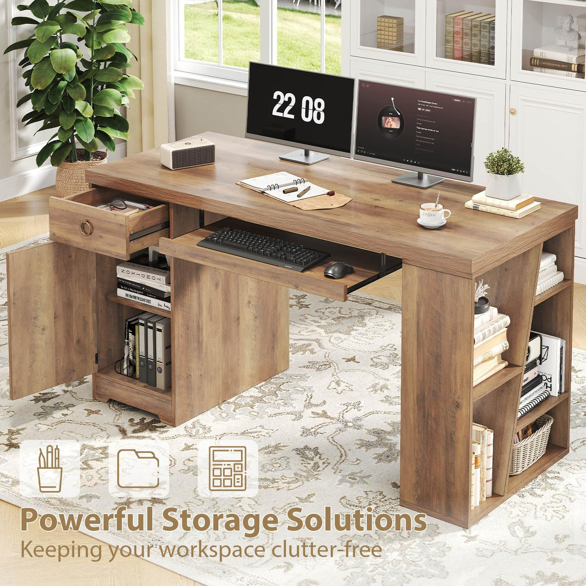 HSH Office Desk with Keyboard Tray, Computer Desk with Storage, 55 Inch