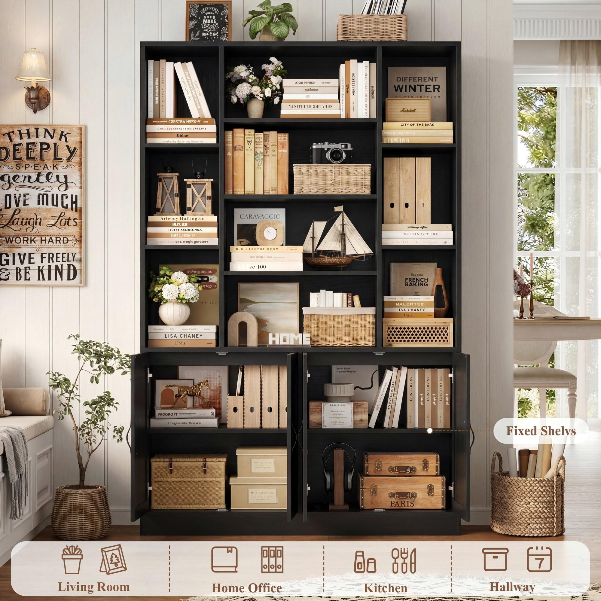 HOSTACK 72” Tall Book Shelf and Bookcase, White Bookshelf with Storage Cabinet, 45” Wide Bookcase with 4 doors, Standing Display Shelves, Modern Farmhouse Book Case for Living Room, Home Office, Black