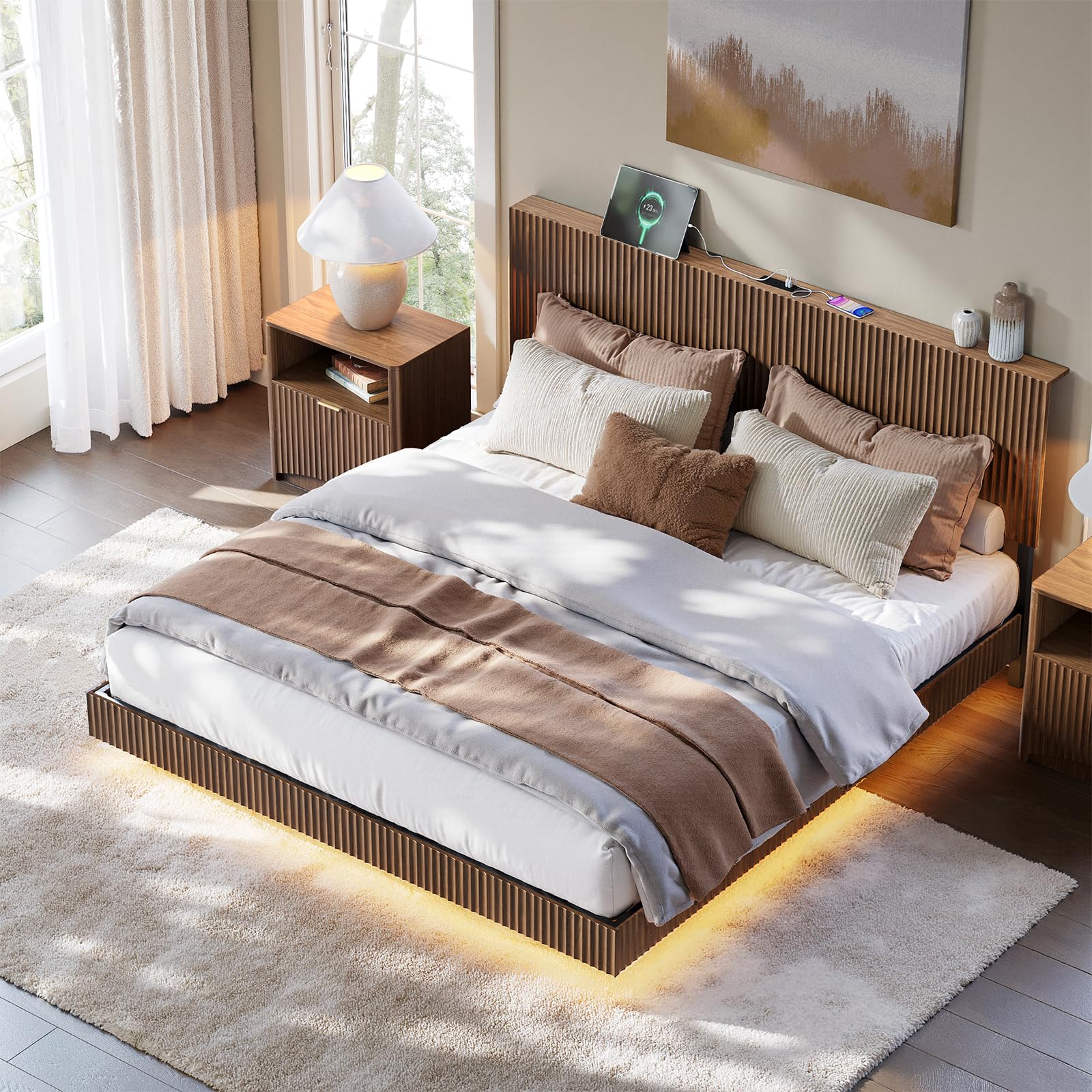 Floating Bed Frame with LED Lights & Charging Station