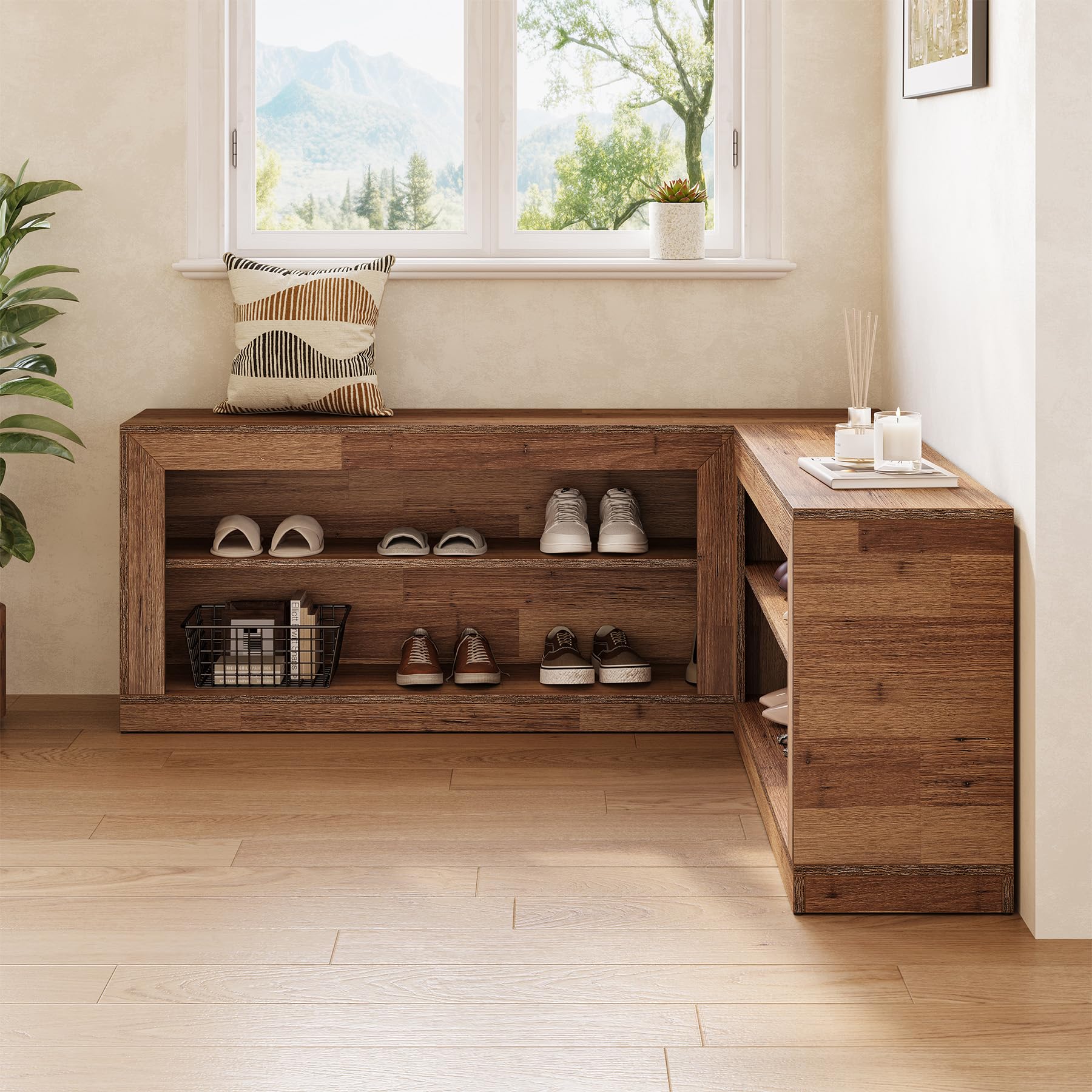 L-Shaped Corner Shoe Bench with Open Storage Shelves