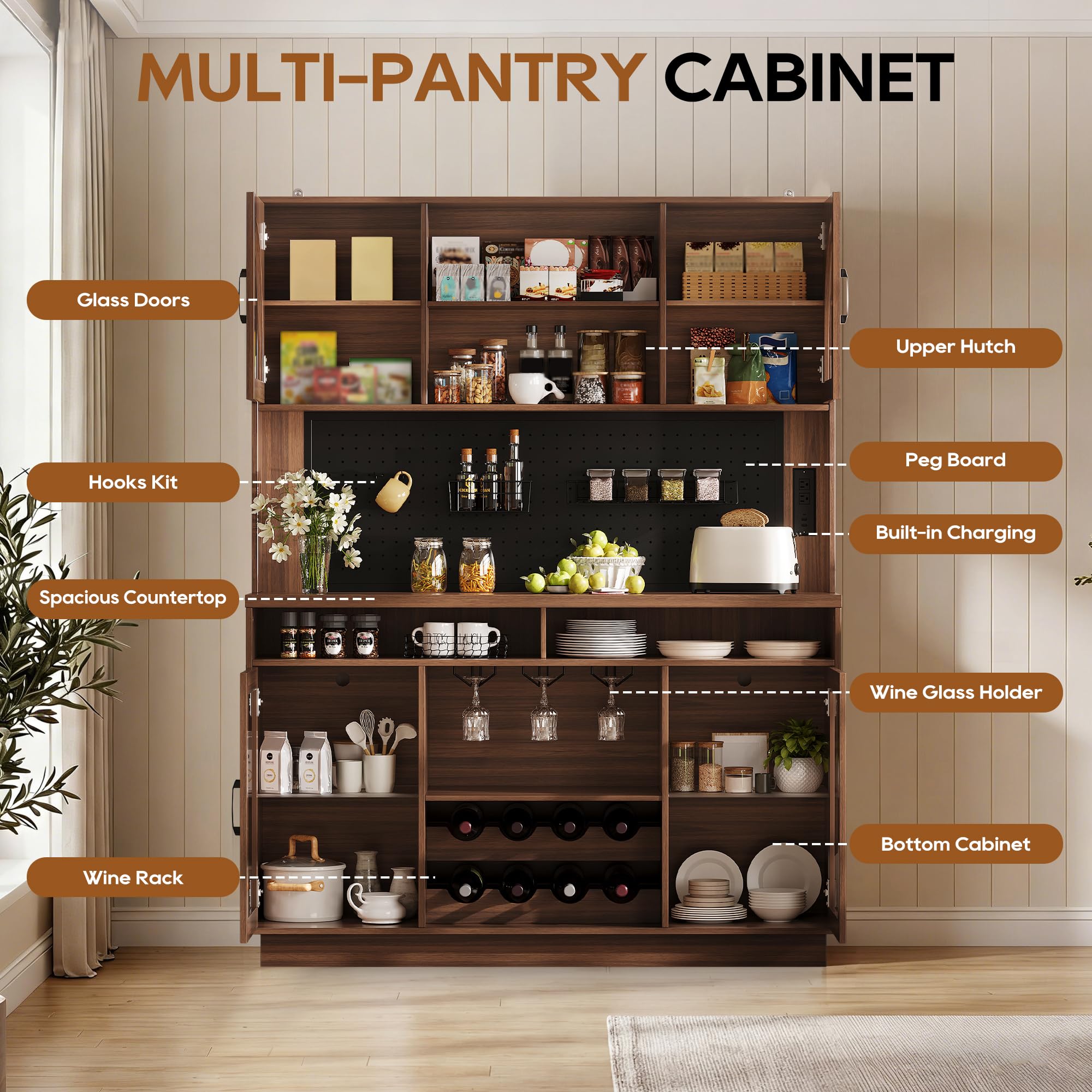 IPKIG 71" Kitchen Pantry Cabinet with Charging Station, Kitchen Hutch Storage Cabinet with LED Lights, Pantry Organizers and Storage with Anti-Tip Device for Dining Room, Brown