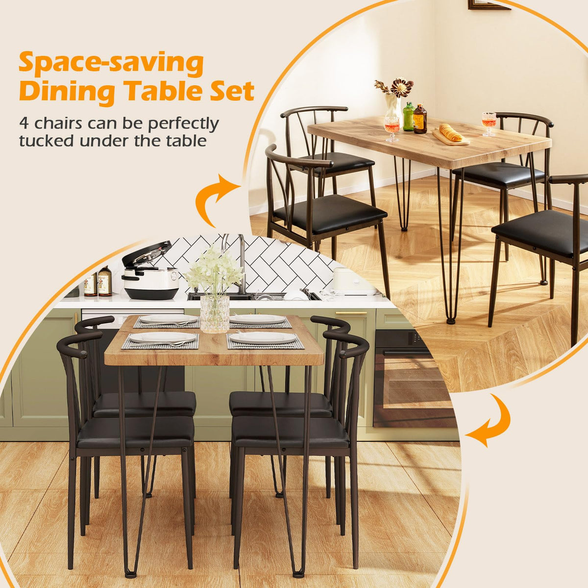 GIANTEX 5-Piece Dining Table Set, 43-Inches Rectangular Kitchen Table & 4 Armless Chairs with Upholstered Seat, Spindle Back, Metal Frame, Dinette Set for Small Space, Living Room (Oak+Black)