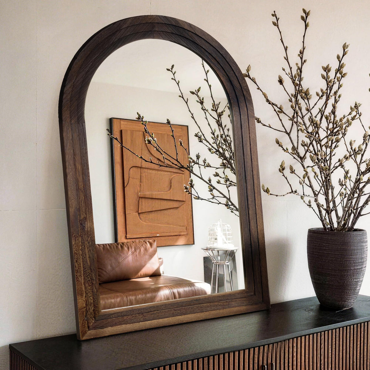 Arched Brown Wood Wall Mirror
