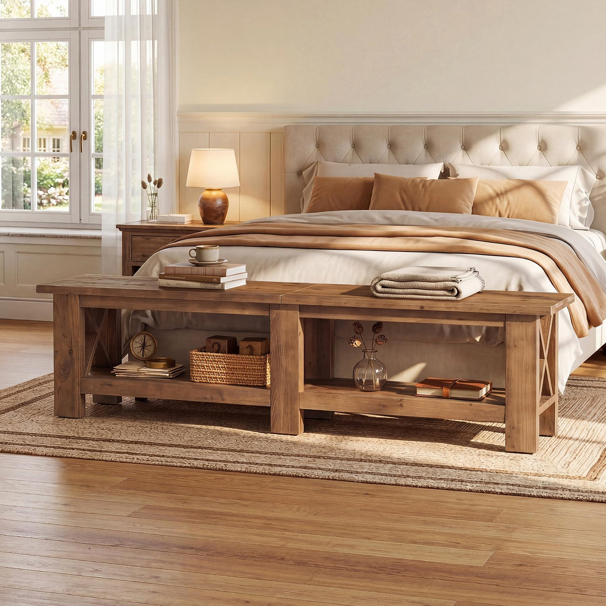 TRIBEWOOD 70.87" Solid Wood Entryway Shoe Bench, Extra Long Storage Bench