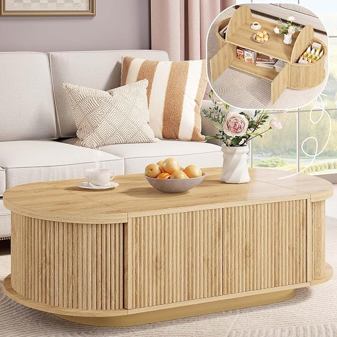 Oval Fluted Coffee Table with Flip-Top Storage