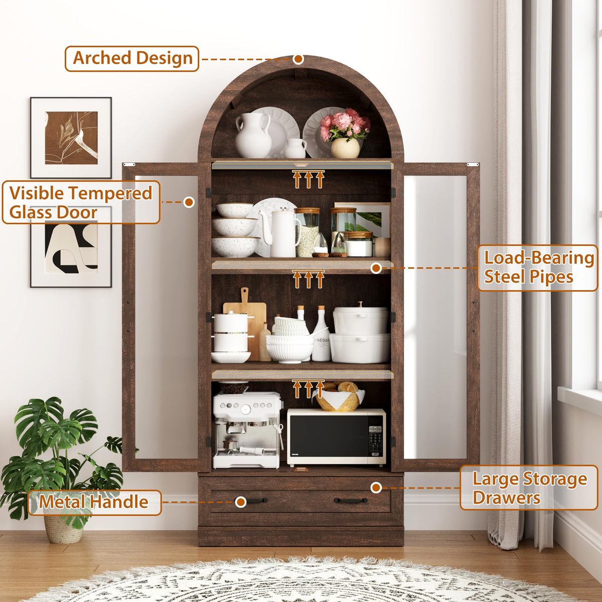 Arched Glass Door Pantry Cabinet