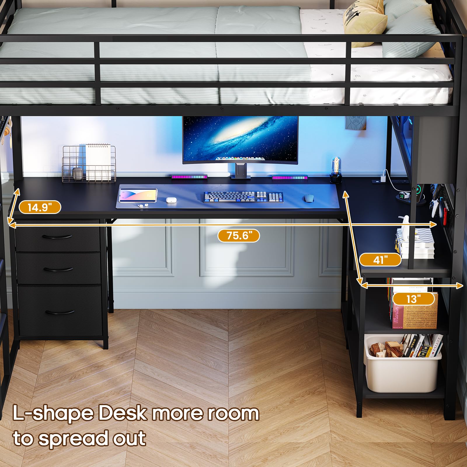 Twin Loft Bed with L-Shaped Gaming Desk & Storage