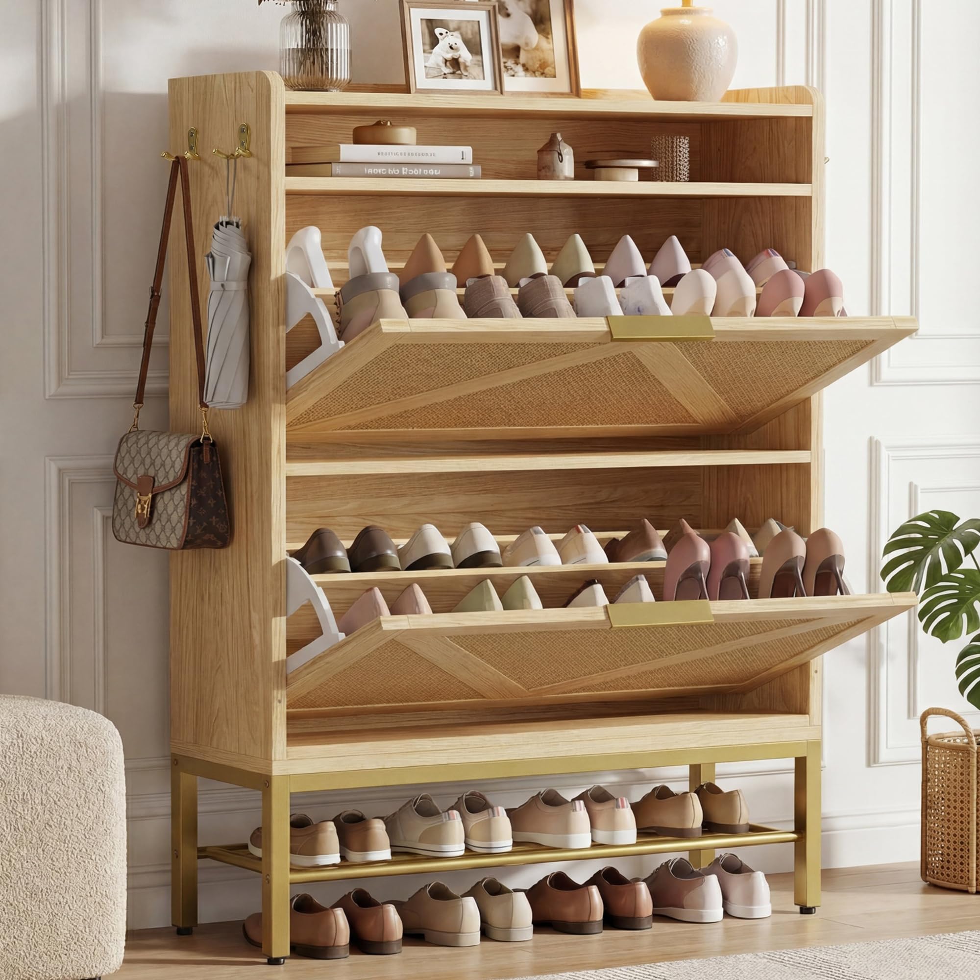 Rattan Shoe Cabinet with Flip Drawers & Side Hooks