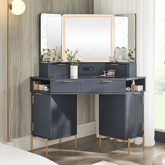 Corner Vanity Desk with Triple Mirror & Lights