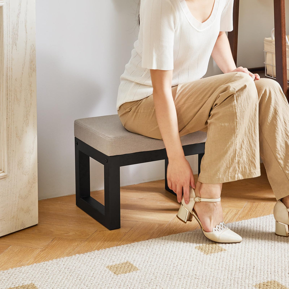 Grey Linen Footstool Ottoman