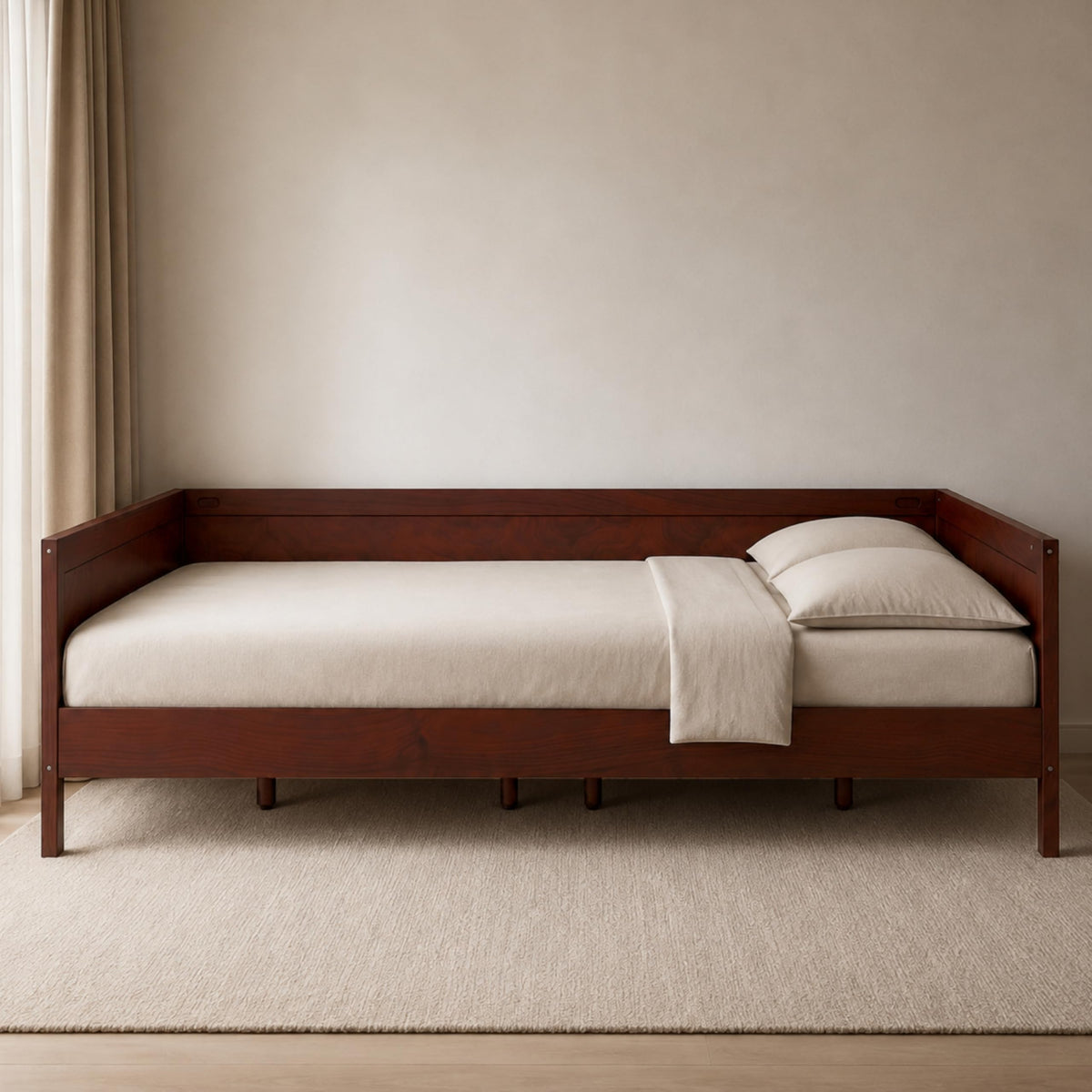 Corner Bed Frame Full Size with 3-Side Rails and Slat Support, Dark Walnut