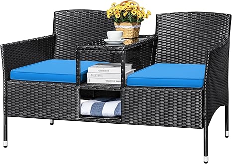 Outdoor Rattan Loveseat with Built-In Table