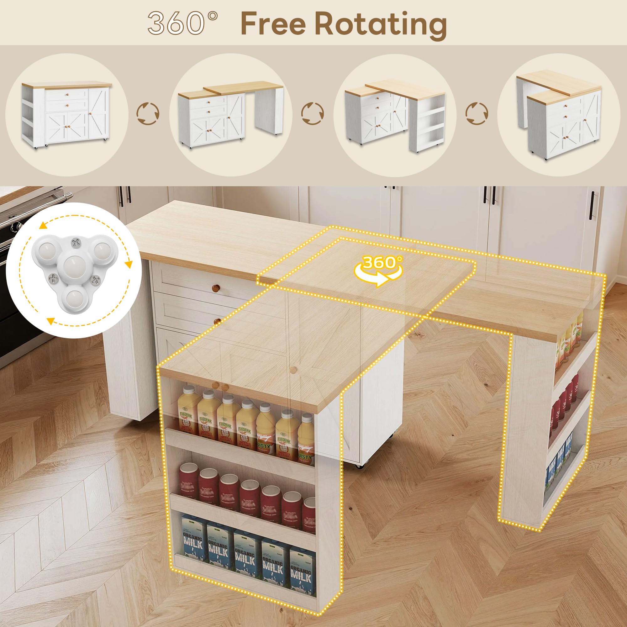 Rolling Kitchen Island Cart with Storage & Swivel Table