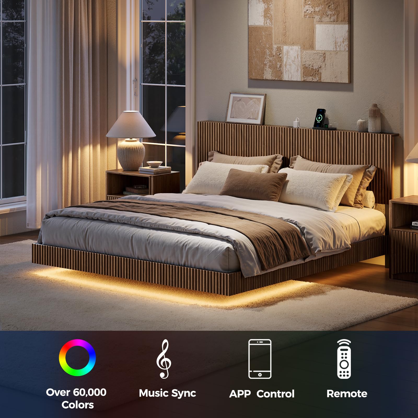 Floating Bed Frame with LED Lights & Charging Station