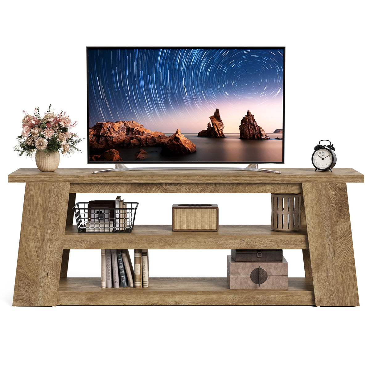 LITTLE TREE TV Stand with Storage for 65 Inch TV, Entertainment Center with Shelves, Modern Ladder Media Display Console for Living Room, Apartment, Brown