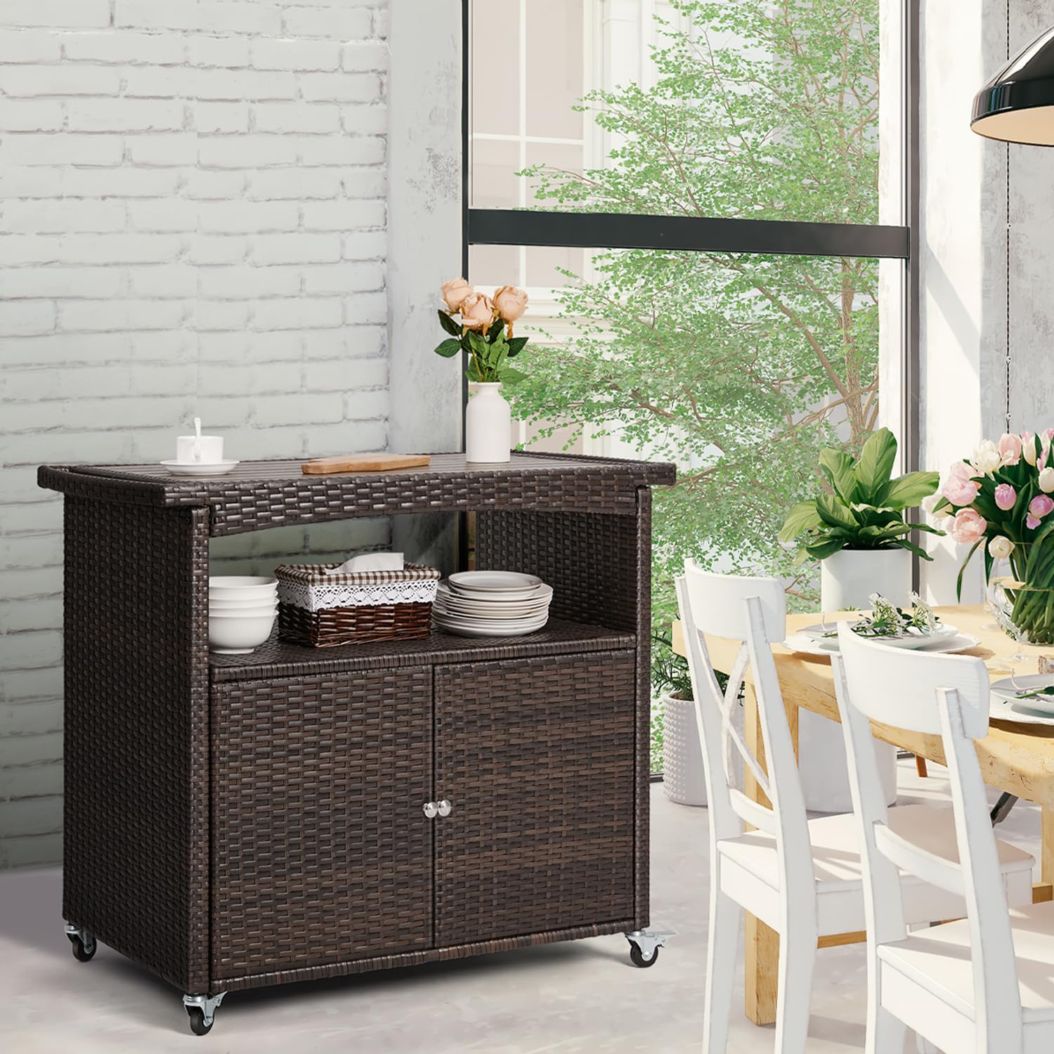Outdoor Storage Cabinet,Outdoor Cabinet for Patio Outdoor Bar Cart with Rolling Heels Patio Bar Table with Storage Wicker Buffet Cabinet Prep Table Kitchen Serving Cart with Door,Shelves,Handle Brown