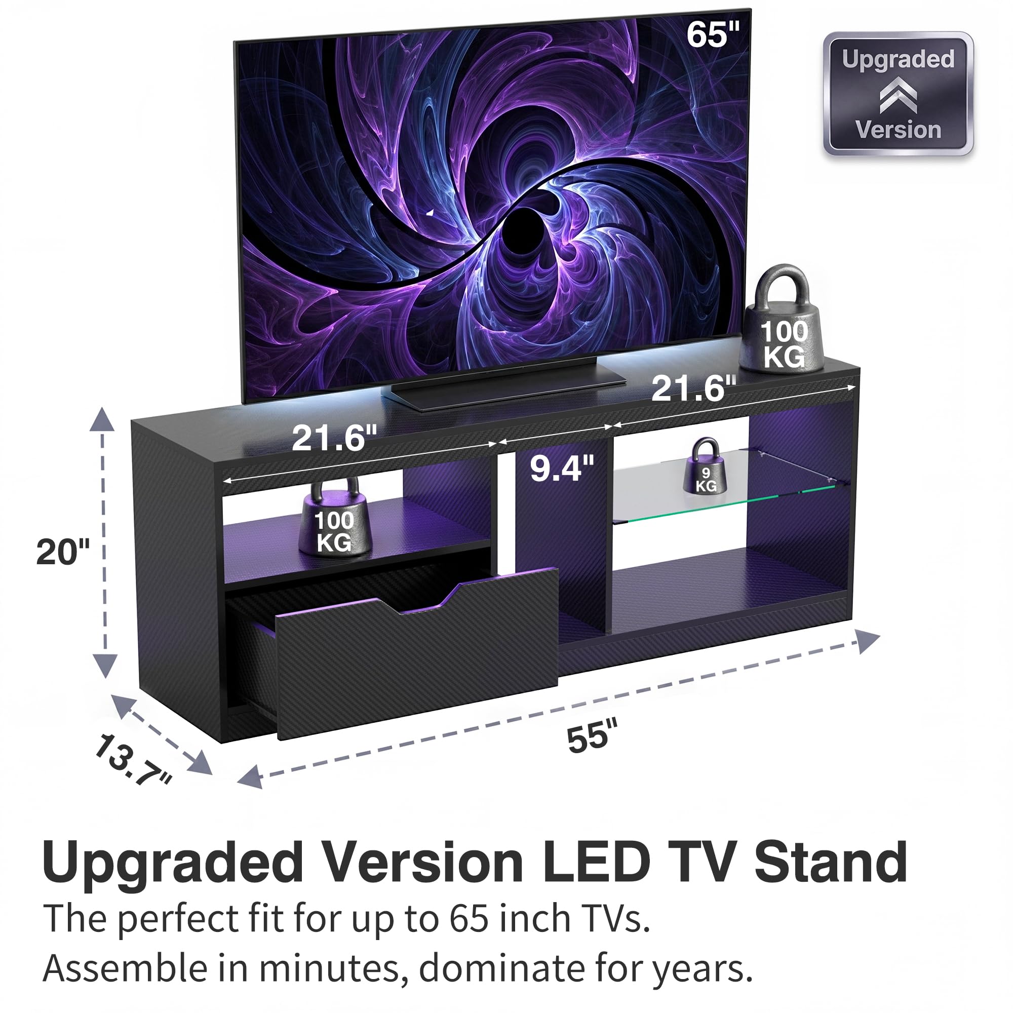 Homall LED TV Stand Mount for 65 inch, Modern Entertainment Center with LED Lights & High Glossy Cabinets, TV Cabinet Console Table with Drawer, Glass Shelves, Dynamic RGB Modes for Living Room, Black