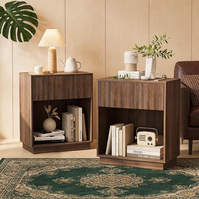 Nightstand Set of 2 with Drawer & Open Shelf