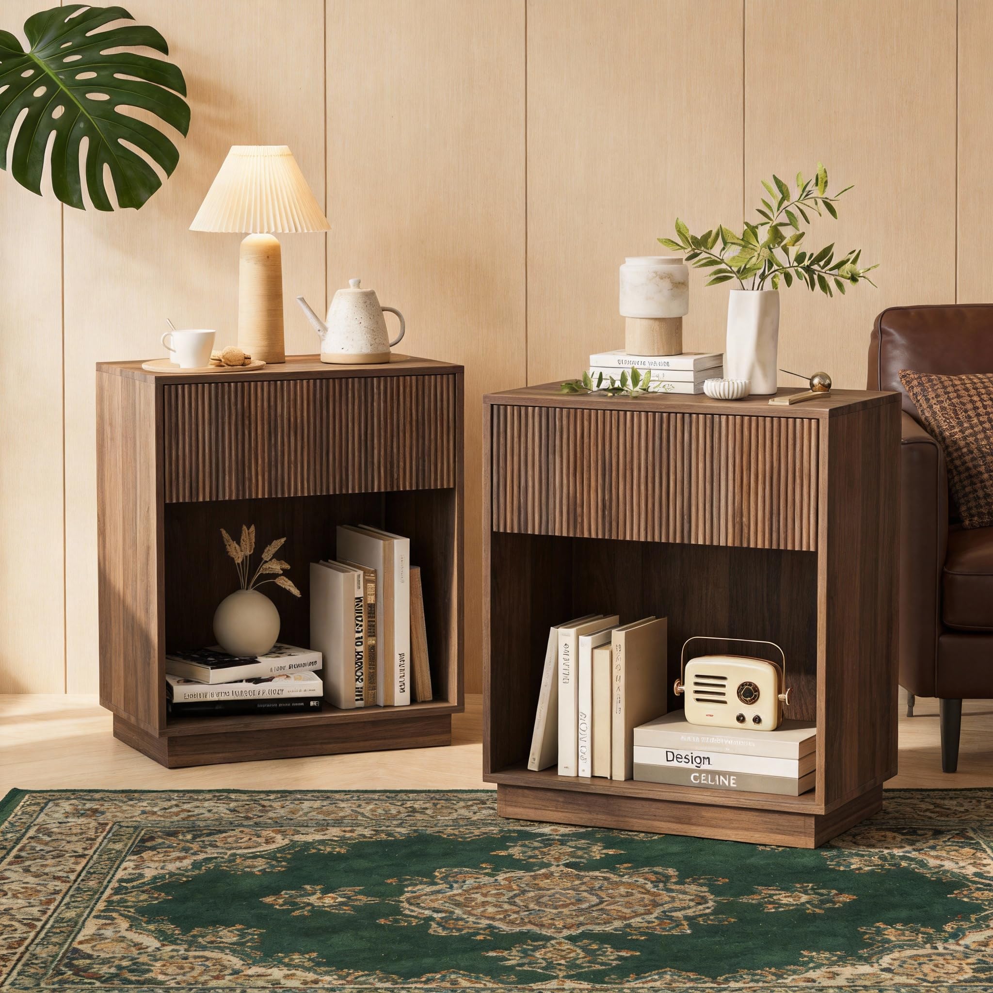 Nightstand Set of 2 with Drawer & Open Shelf