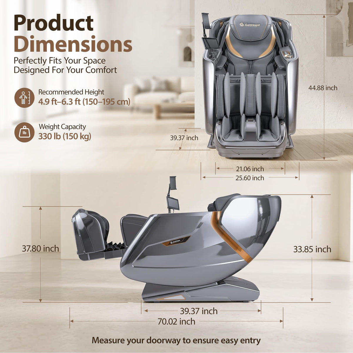 Gethope 4D Massage Chair Full Body, Zero Gravity SL-Track Recliner, Silver