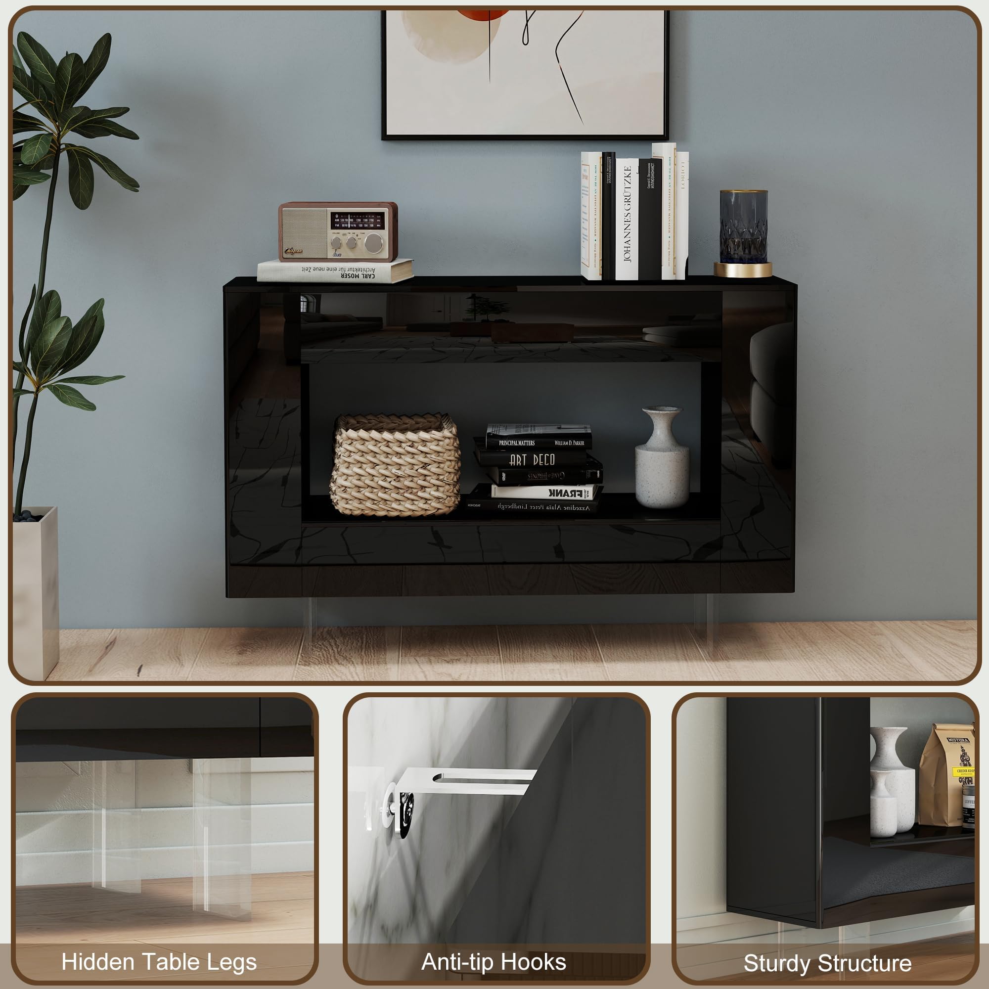 Vavkorkula Console Table, High Gloss Entryway Table with Hidden Storage Cabinets, Adjustable Shelves, Modern Sofa Table for Behind The Couch, Living Room, Hallway, Black