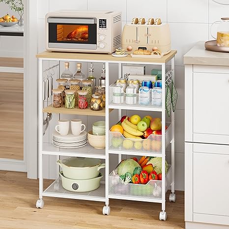 Rolling Kitchen Cart with Storage & Microwave Stand