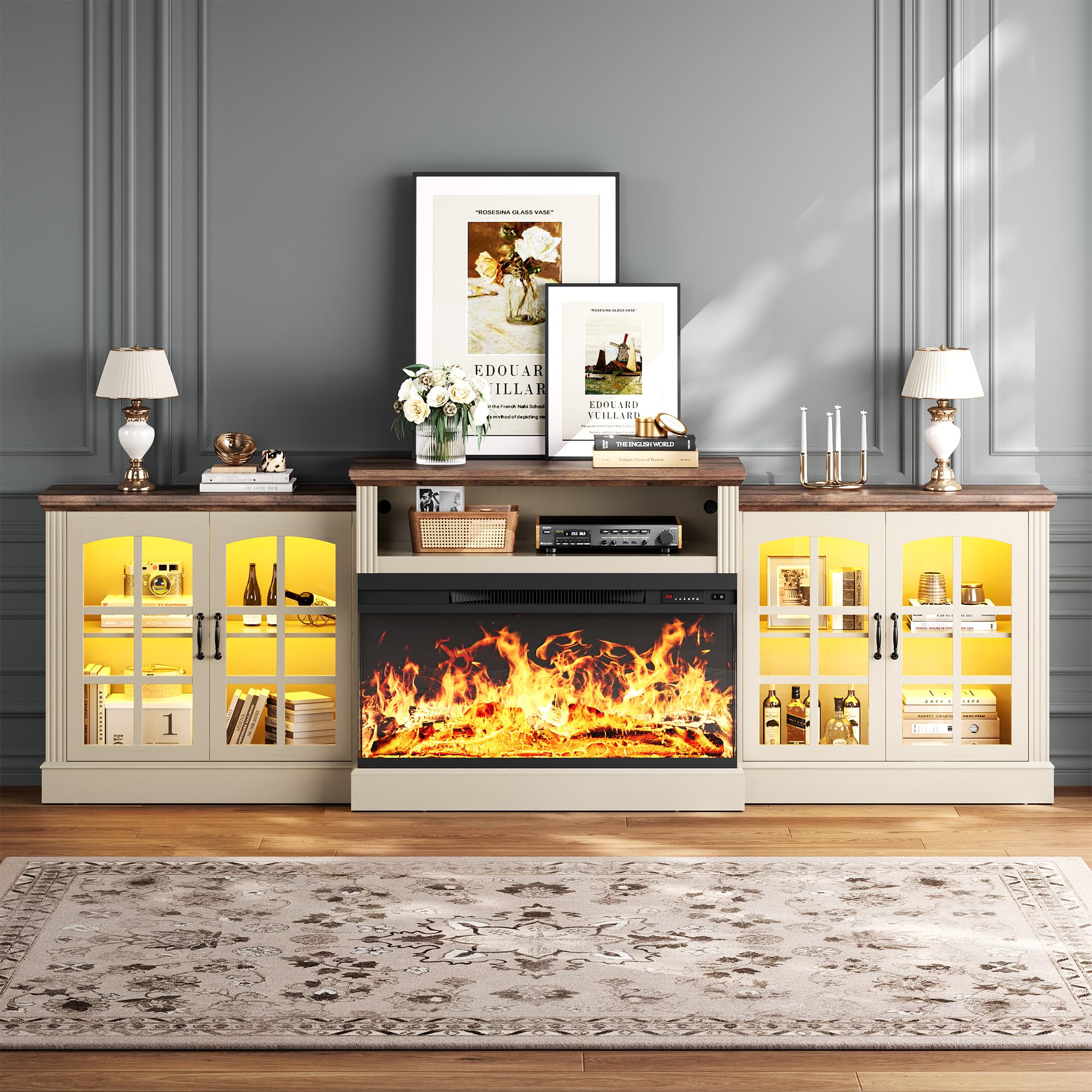 Farmhouse Fireplace TV Stand with 3-Sided Electric Fireplace