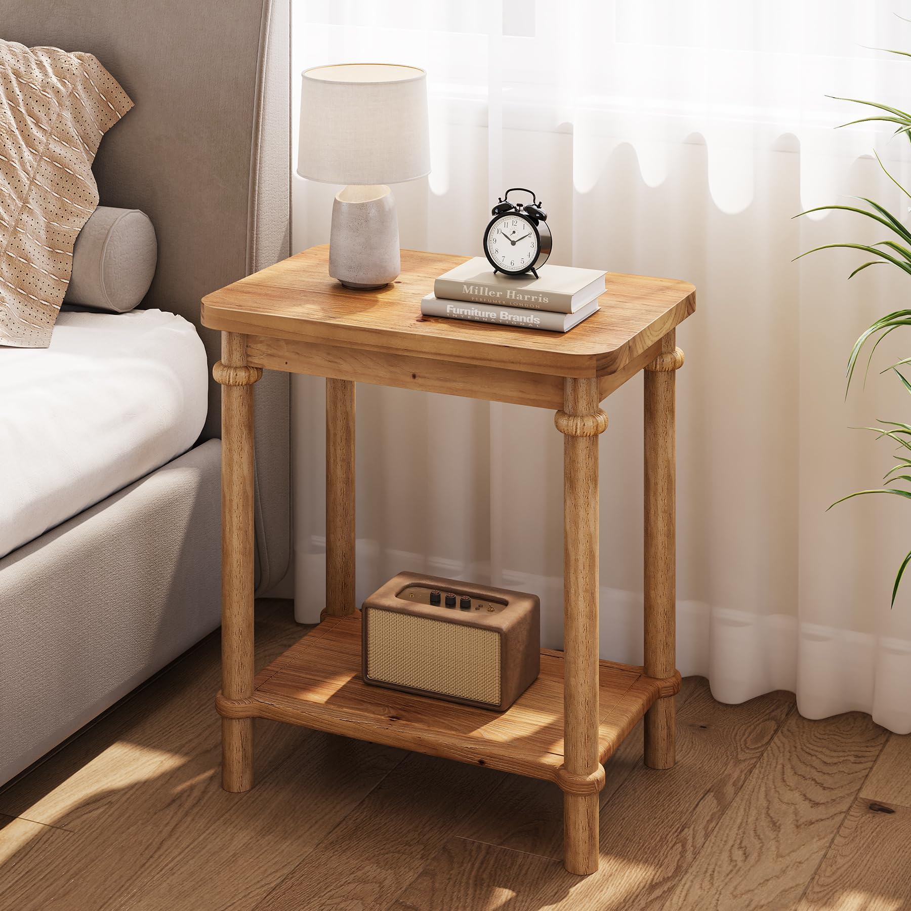 LITTLE TREE 2-Tier Side Table, Rectangular End Table with Storage Shelves & Round Tabletop Edges, Solid Wood Nightstand for Small Spaces, Living Room, Bedroom, Easy Assembly, Light Brown