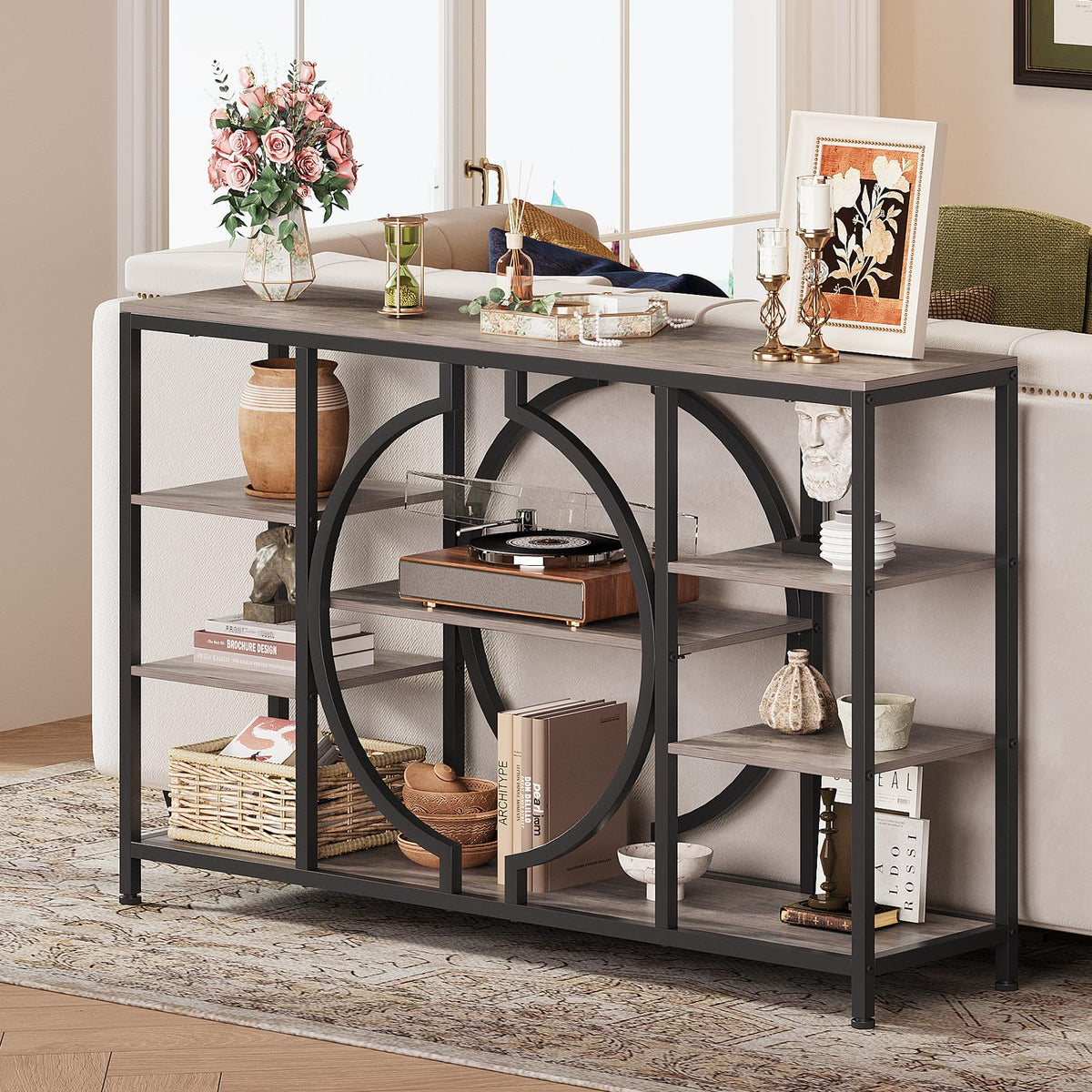 GiftGo 47" Industrial Console Tables for Entryway Rustic Sofa Table Behind Couch 4 Tier Wooden Shelves Entry Table with Storage for Foyer, Hallway, Front Door,Living Room (Retro Grey, 47")