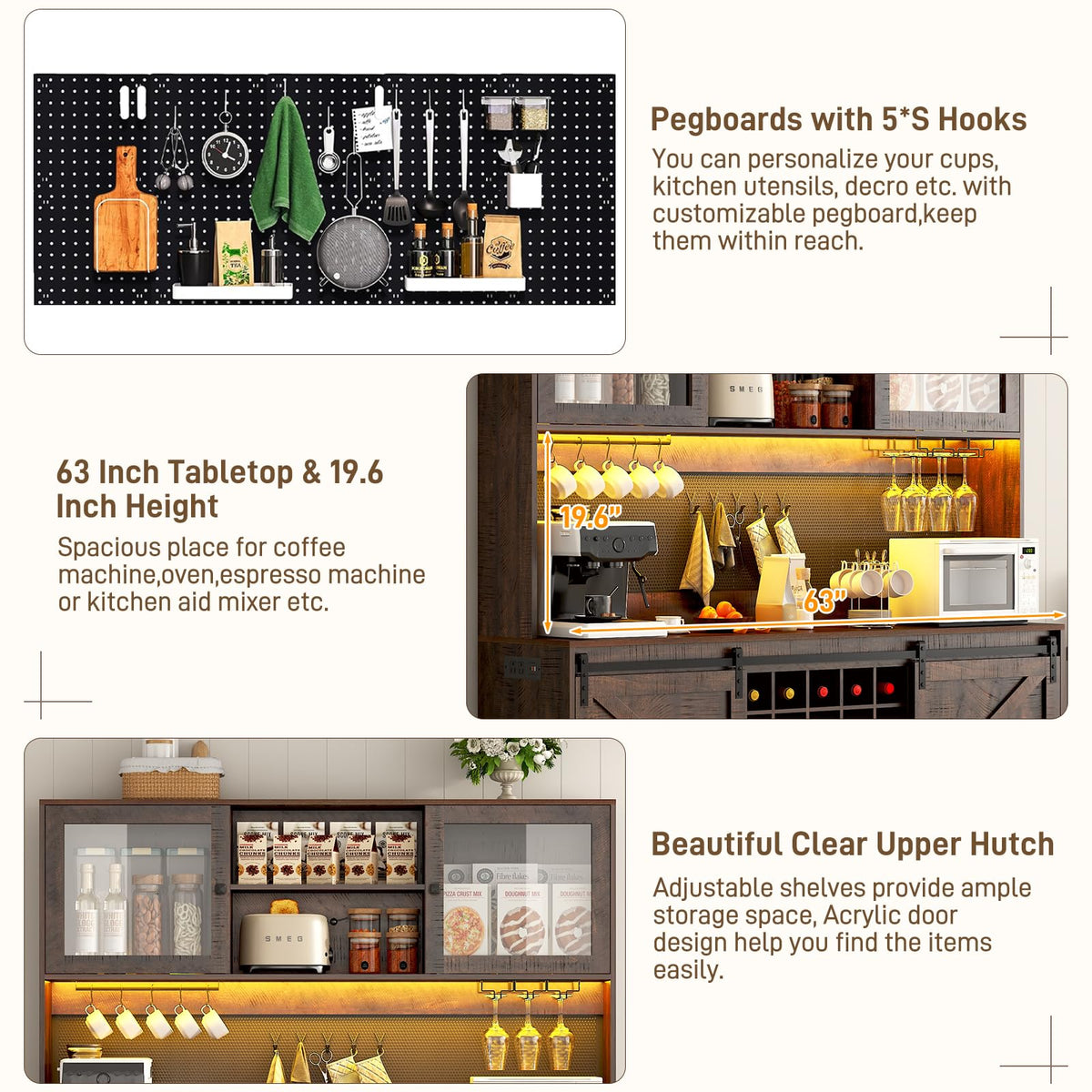 Farmhouse Coffee Bar Cabinet with LED Lights