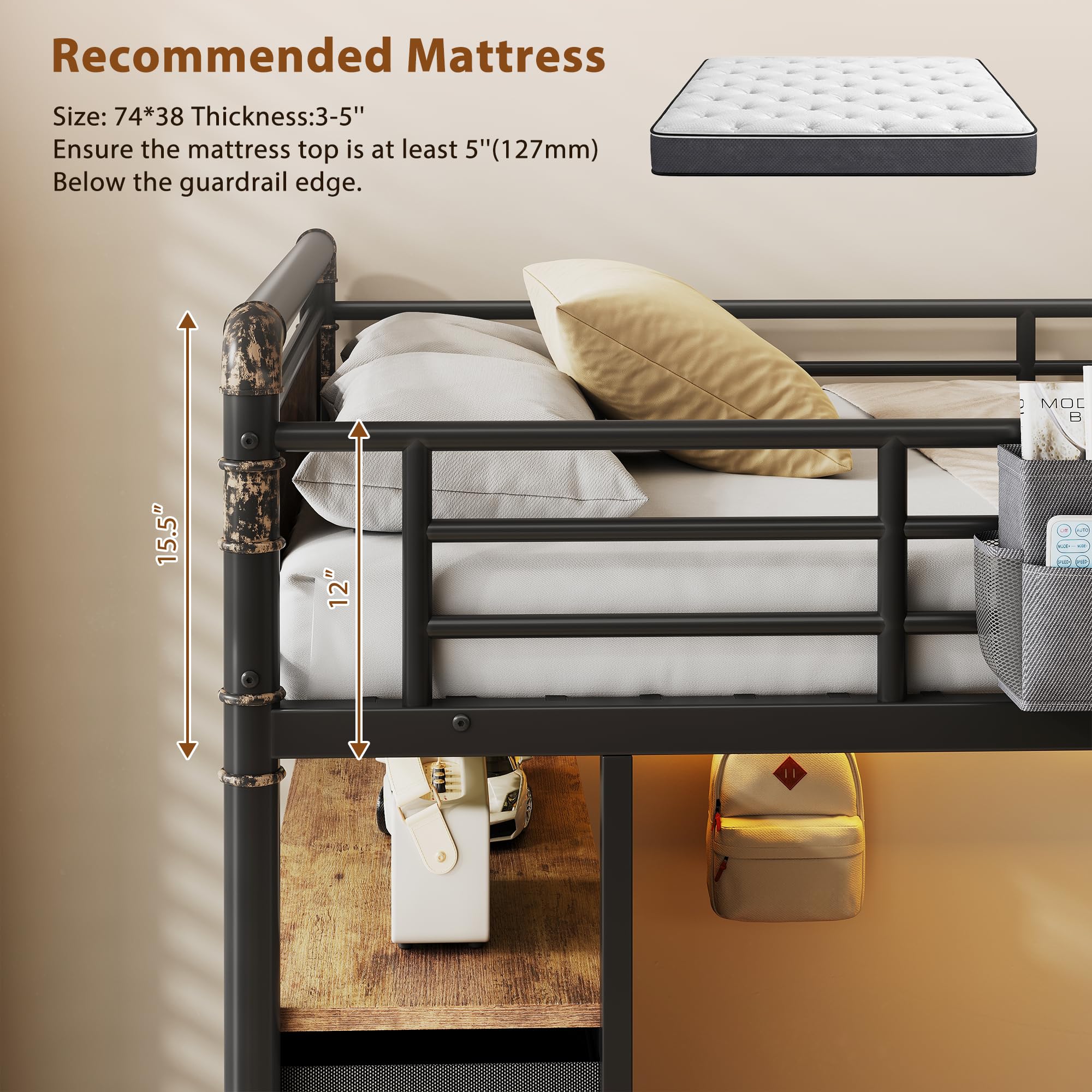 Twin Loft Bed with Desk and 8 Storage Drawers, Metal Loft Bed Twin Size with LED Lights & Charging Station, Bed Frame with Hanging Rod, Safety Guardrail & Ladder, for Kids & Teens (Rustic Brown)