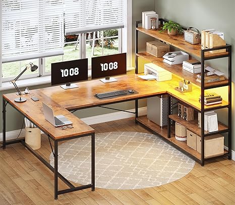L-Shaped Gaming Desk with LED Lights & Storage Shelves